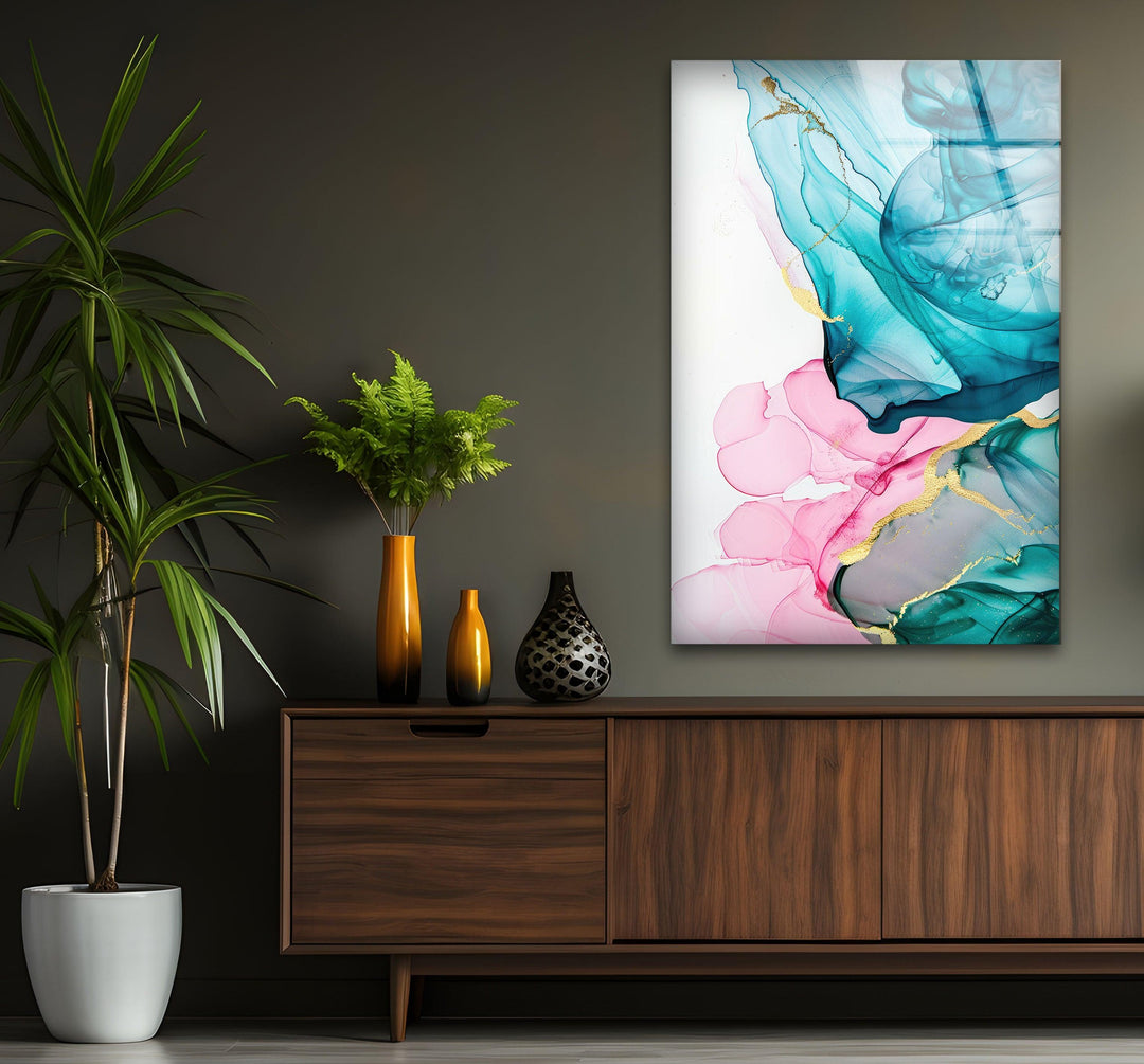 Pink and Turquoise Abstract Glass Art for living room