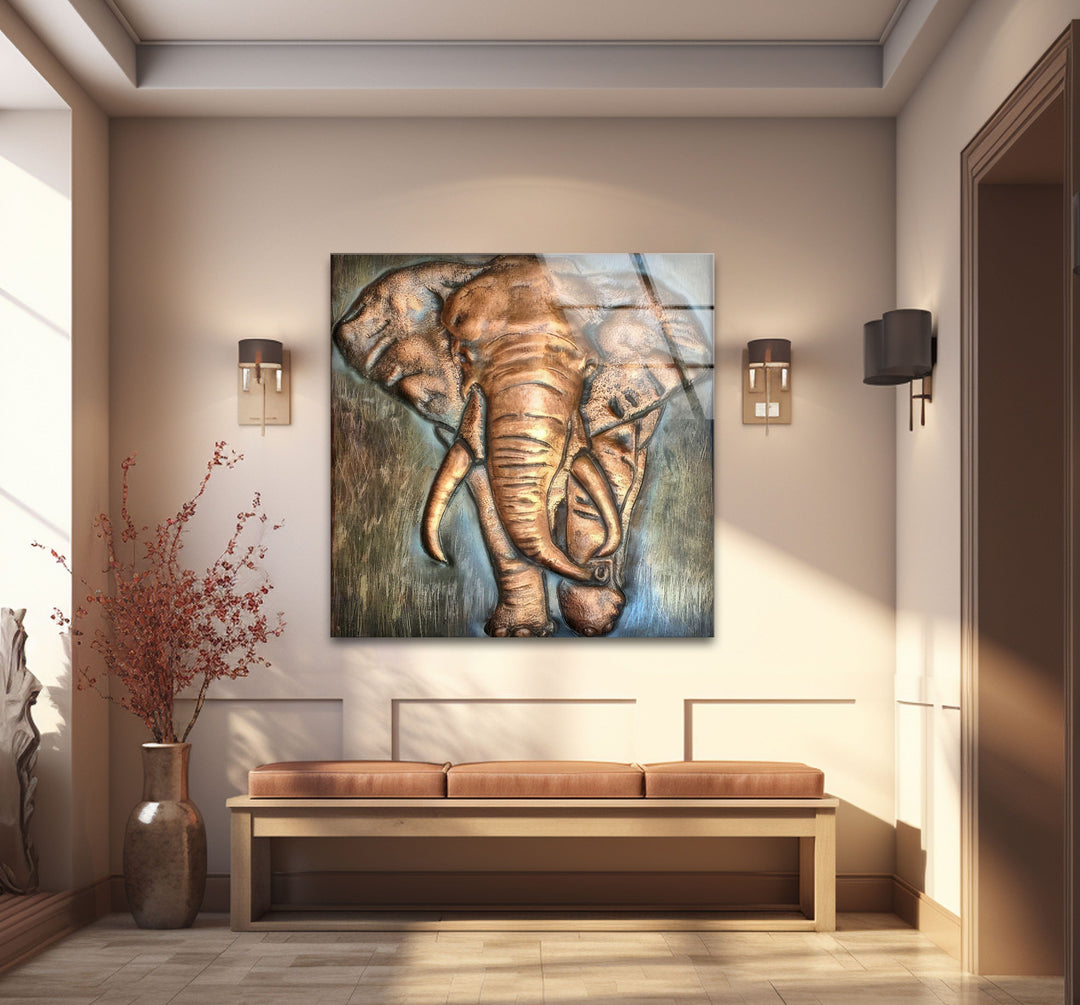 Elephant Bronze Art Glass Wall Art photo print on glass, prints on glass wall art
