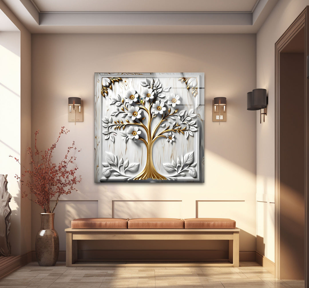 White Flower Tree Glass Wall Art custom glass pictures, glass art prints
