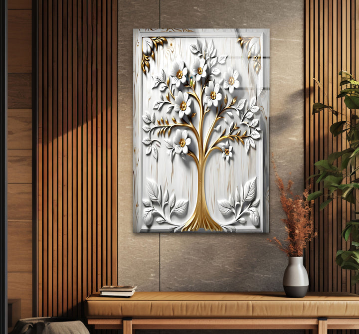 White Flower Tree Glass Wall Art photo print on glass, prints on glass wall art
