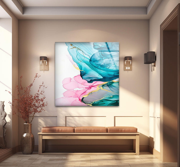 Pink and Turquoise alcohol ink tempered Glass Wall Art