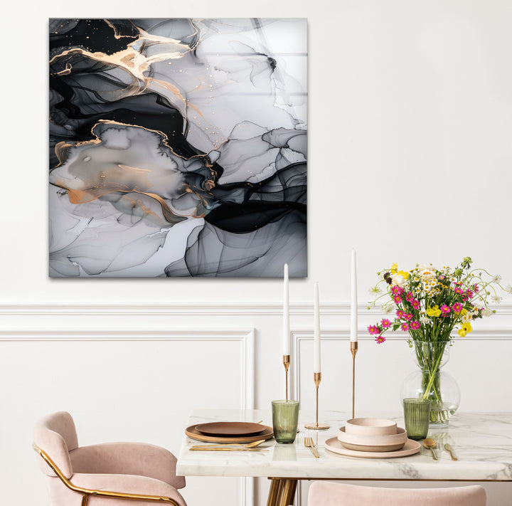 Grey Golden Fluid Art Marble Texture Glass Wall Art