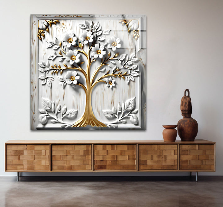 White Flower Tree Glass Wall Art glass art painting, glass art for the Wall
