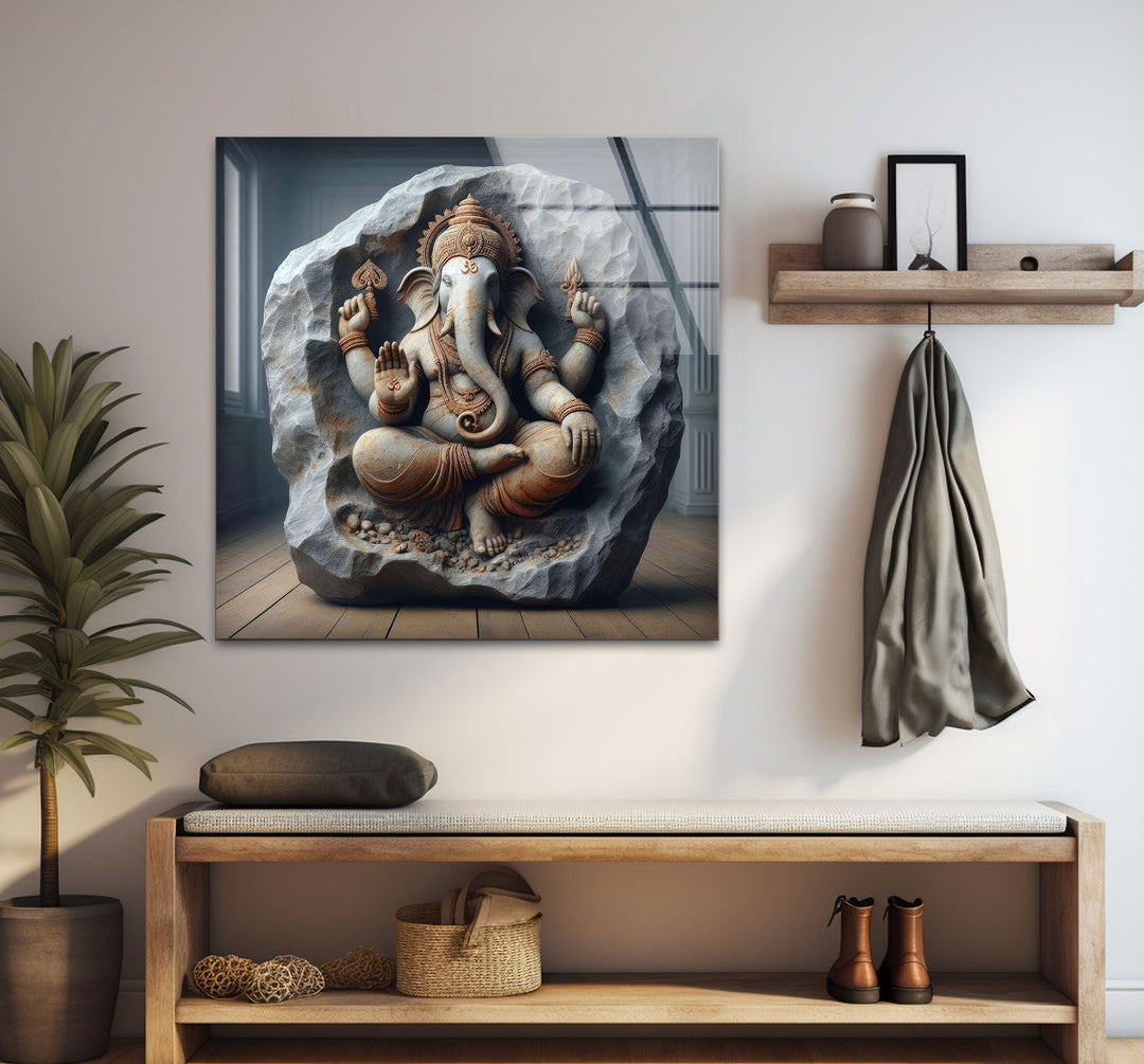 Buddha Sitting on Stone Glass Wall Art photo print on glass, prints on glass wall art
