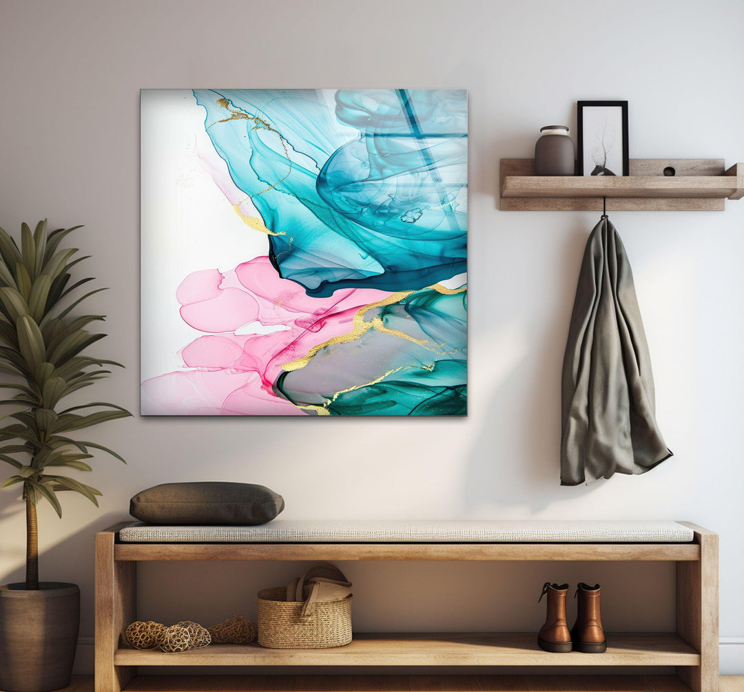 Pink and Turquoise alcohol ink tempered Glass Wall Art