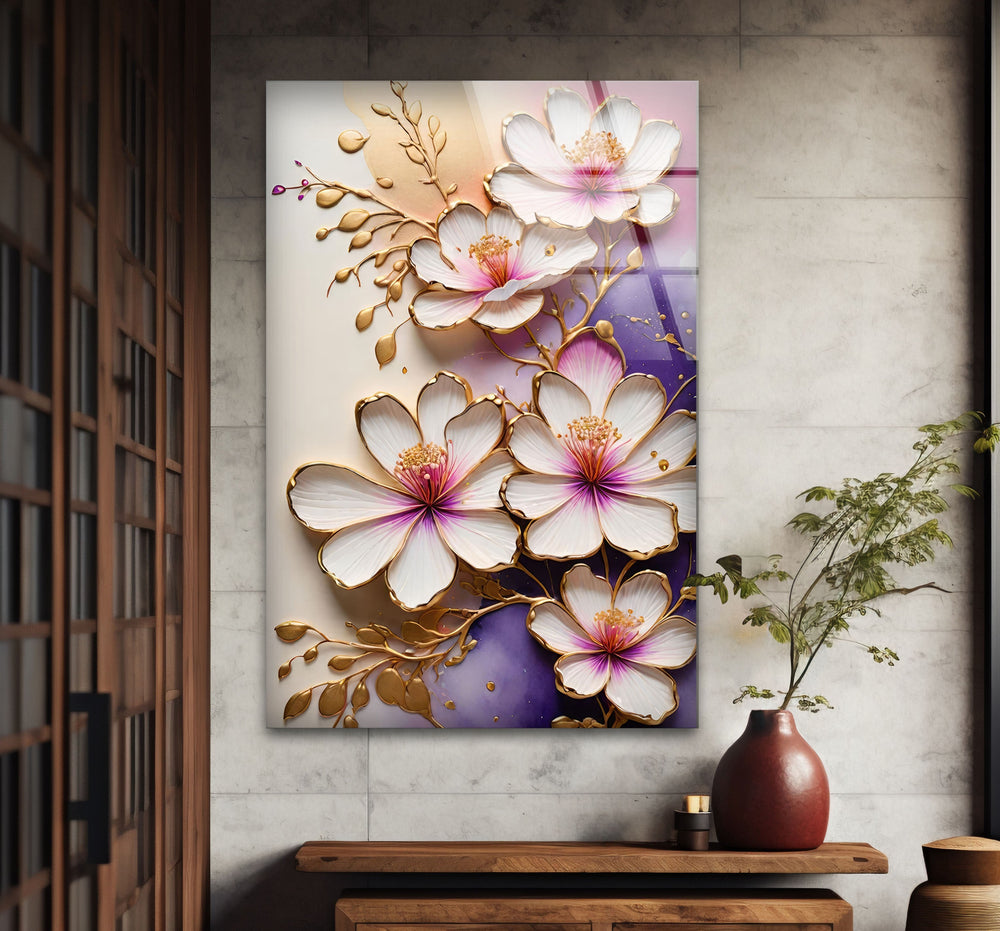 White Flower with Gold Details Glass Wall Art glass image printing, glass prints from photos
