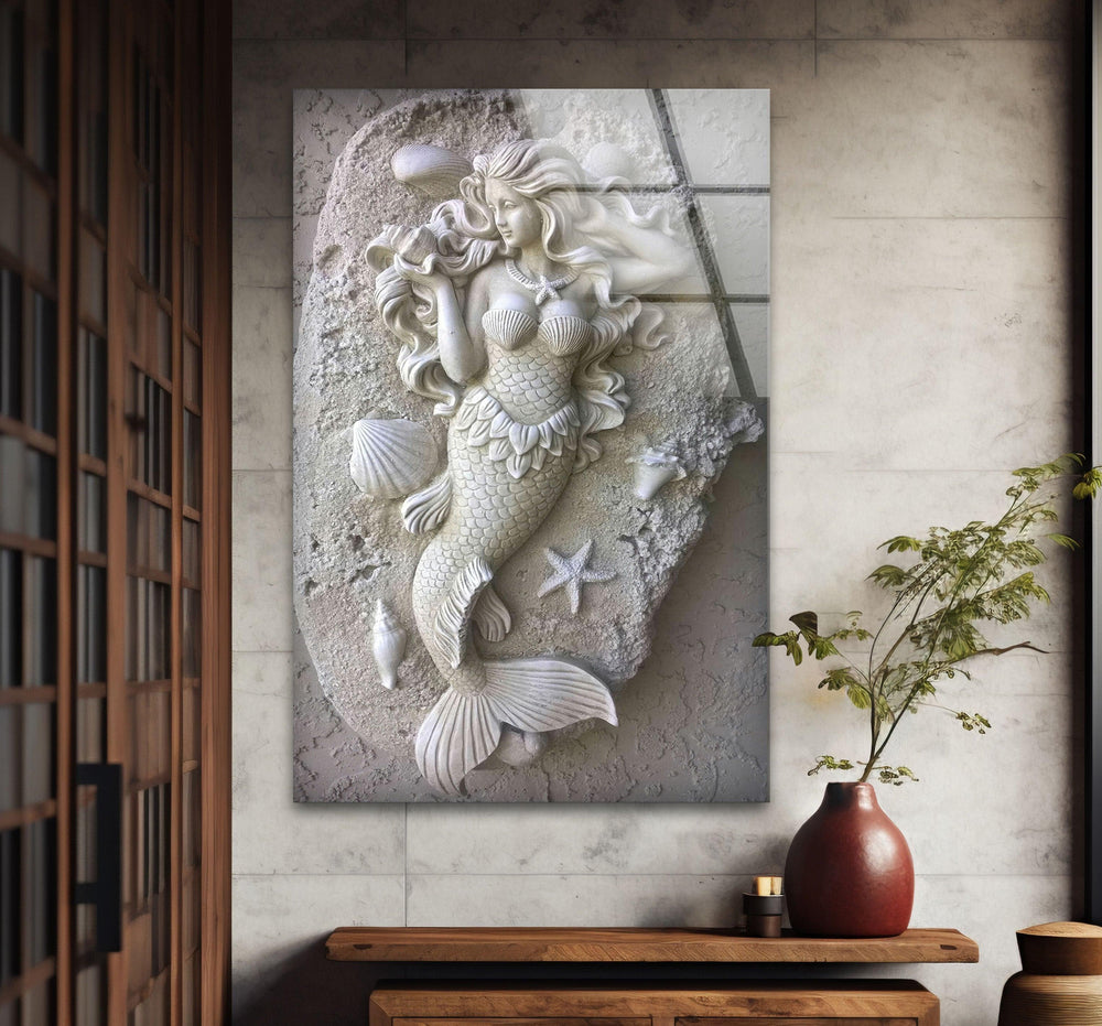 Stone Mermaid Glass Wall Art glass art painting, glass art for the Wall
