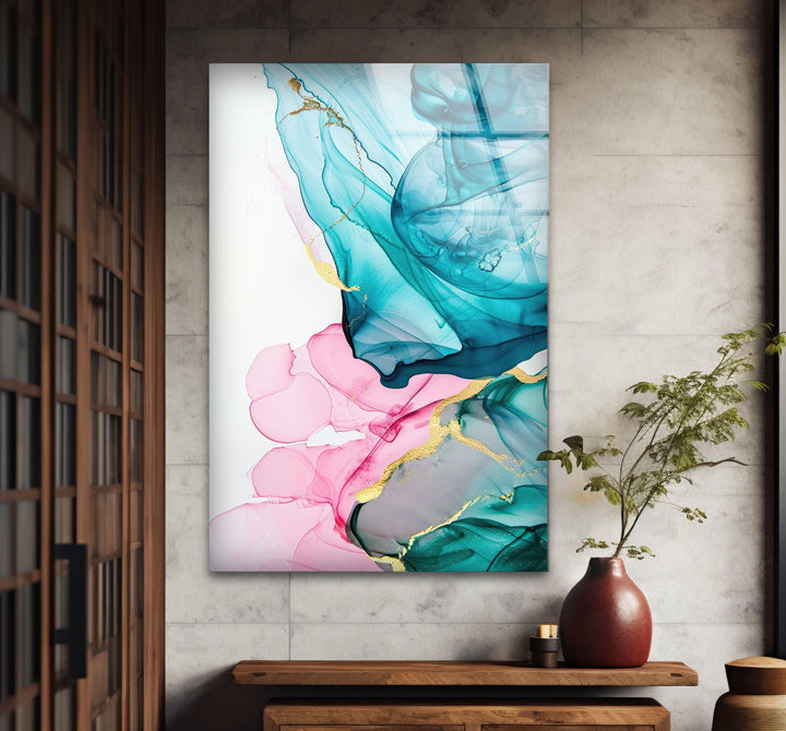 Pink and Turquoise fluid art Glass Wall Art