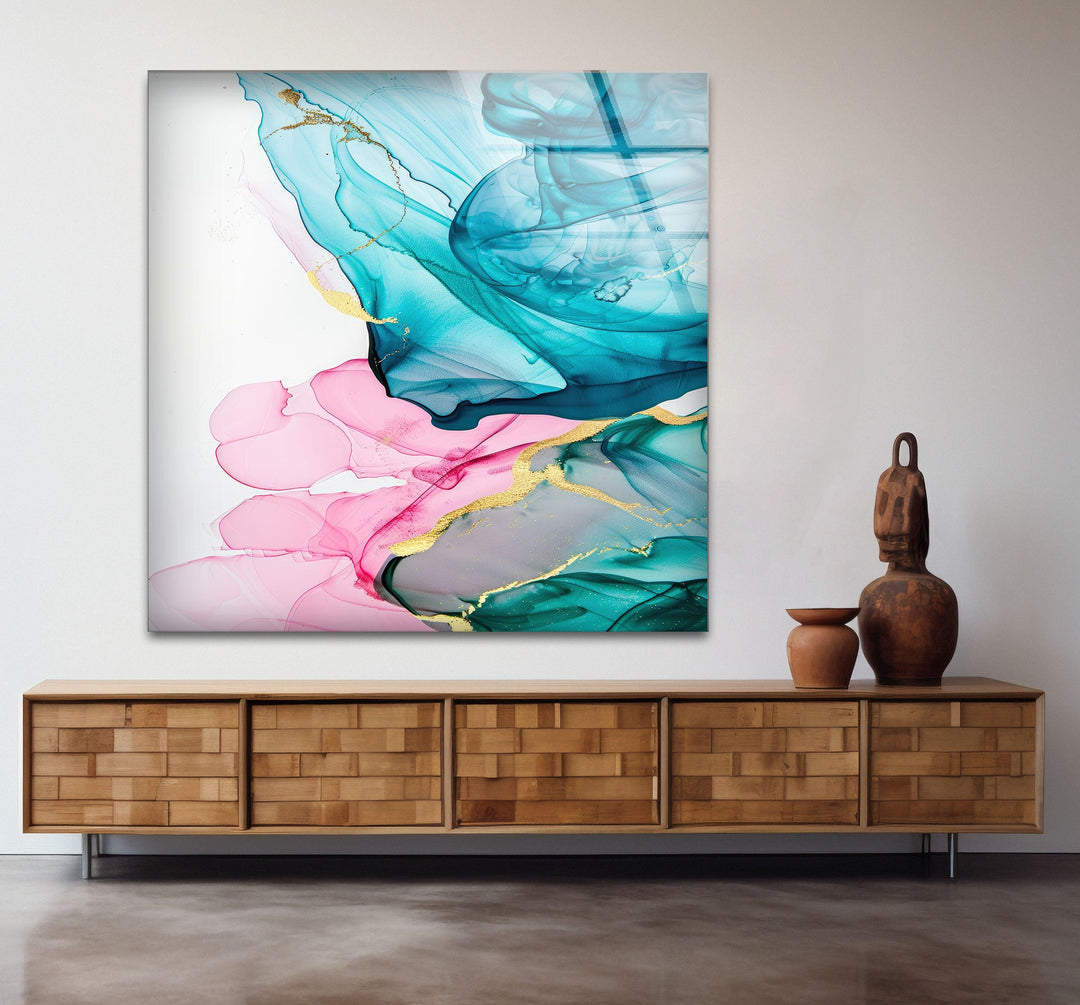 Pink and Turquoise Abstract Glass printing Wall Art