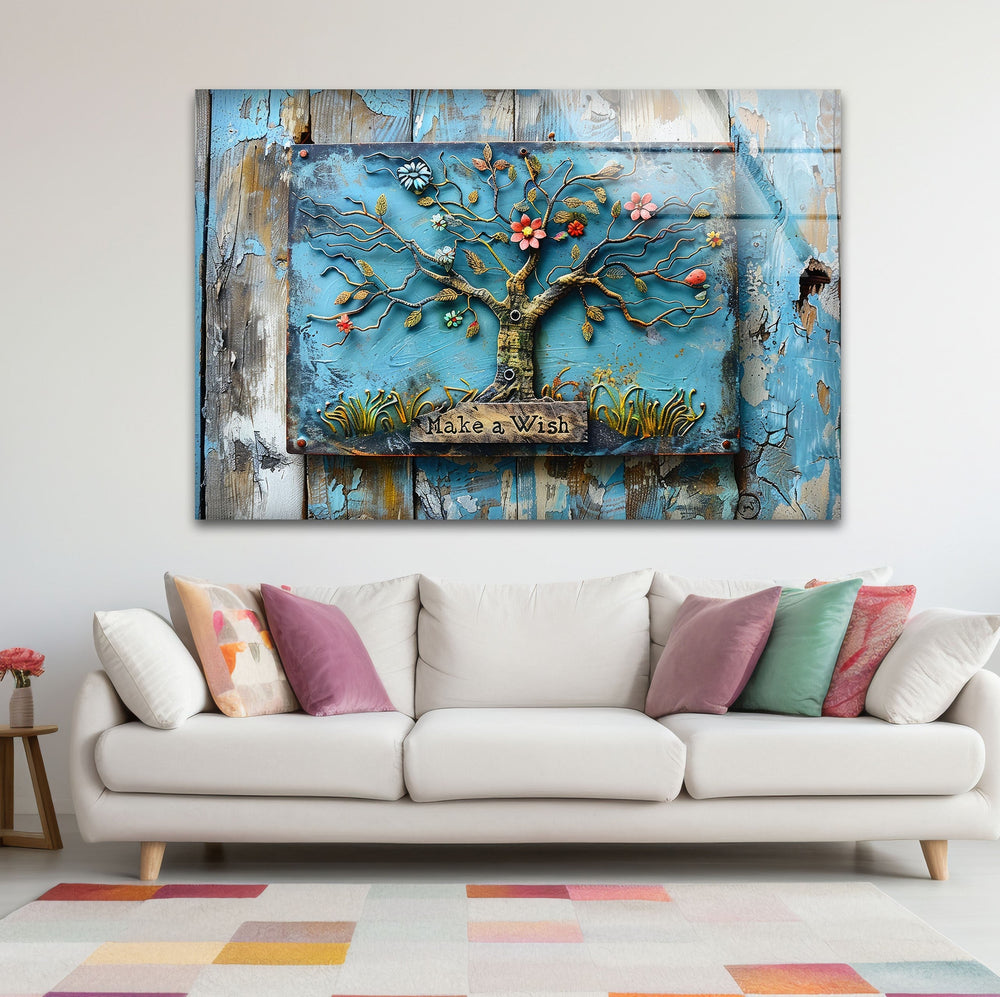 Blue Wood Details Tree Glass Wall Art print on glass, glass printed photos
