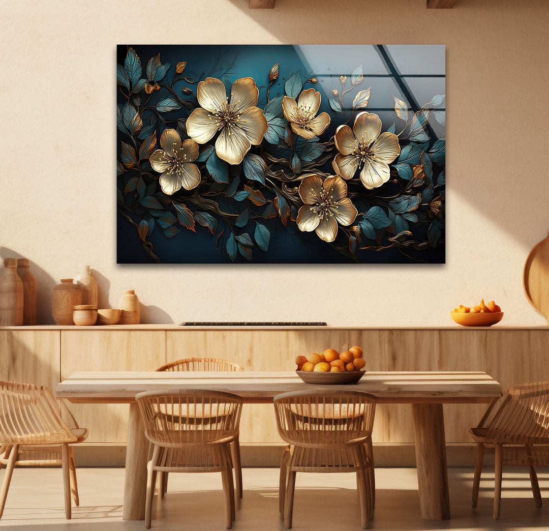 Beige & Blue Botanical Glass Wall Art custom glass pictures, glass art prints
