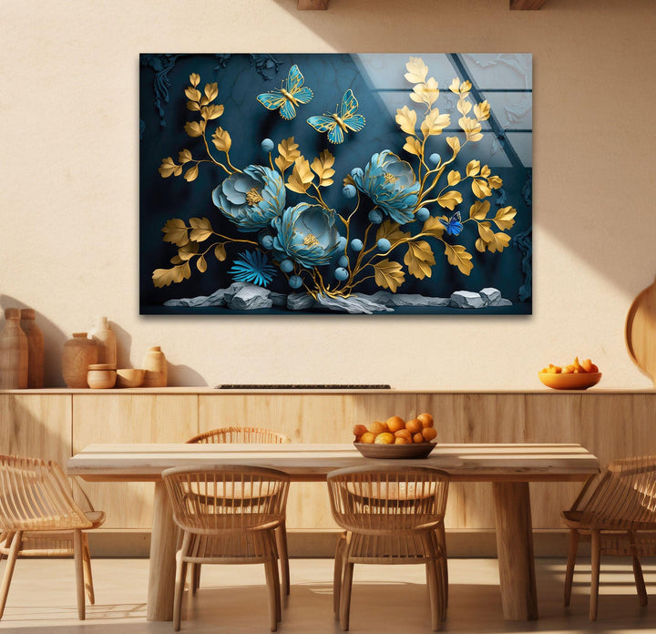 Yellow & Blue Flower 3D Glass Wall Art picture on glass wall art, photos printed on glass
