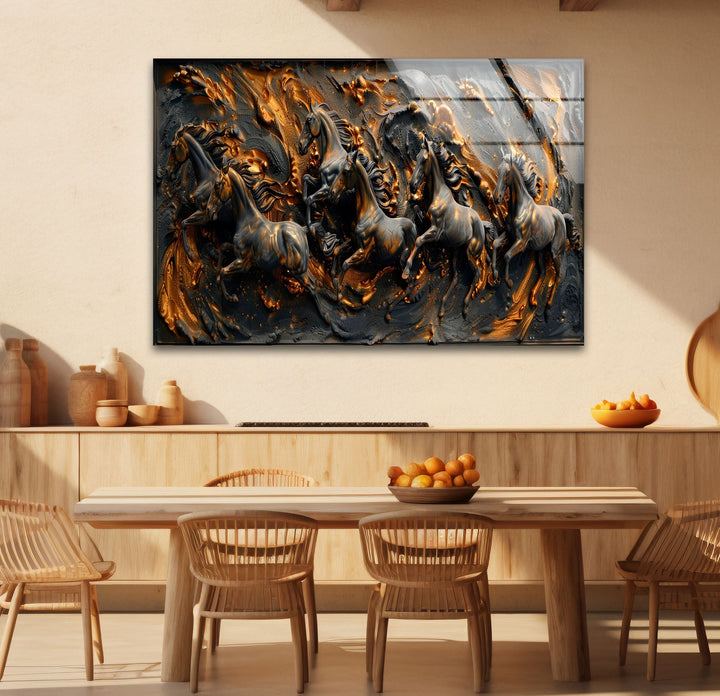 Bronze Black Horses Glass Wall Art photo print on glass, prints on glass wall art
