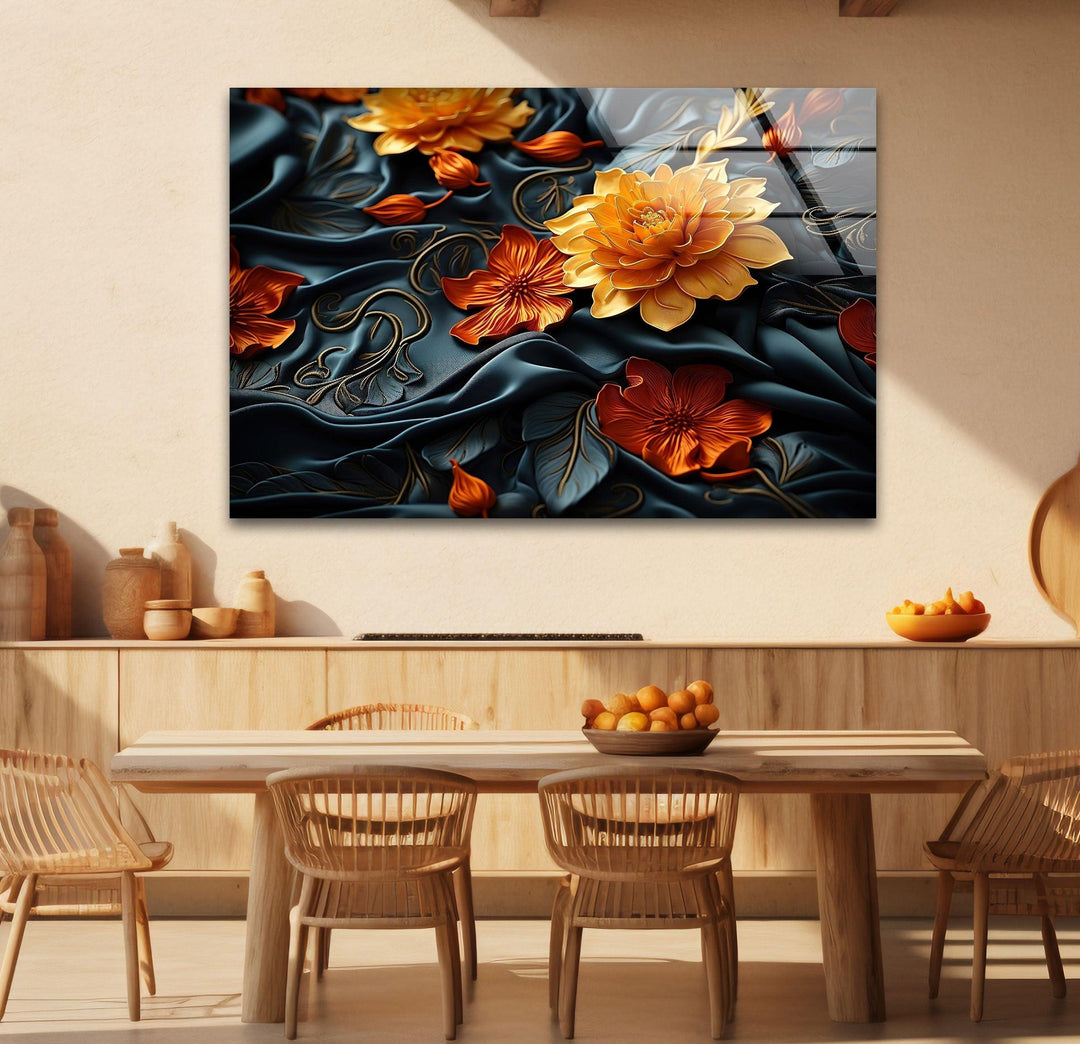 Botanical Orange & Black Flower Glass Wall Art Glass Printing Wall Art, Print photos on glass
