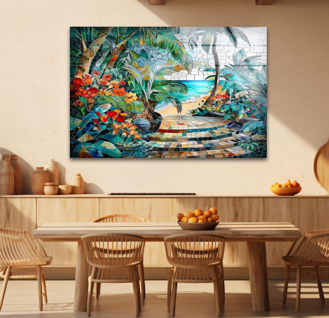 Tropical Summer Mosaic Glass Wall Art print picture on glass, Tempered Glass Wall Art