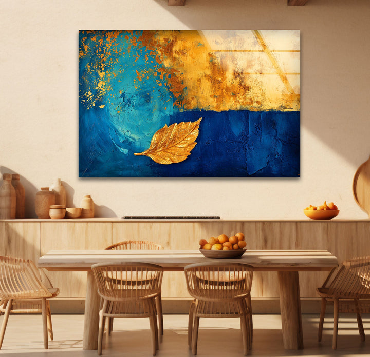 Blue Background With Gold Leaves Glass Wall Art