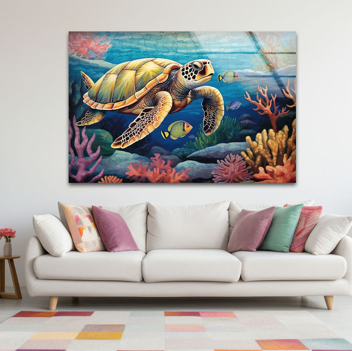 Sea Turtle Puzzle Glass Wall Art glass art painting, glass art for the Wall
