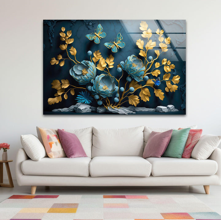 Yellow & Blue Flower 3D Glass Wall Art glass wall decor, glass wall art decor
