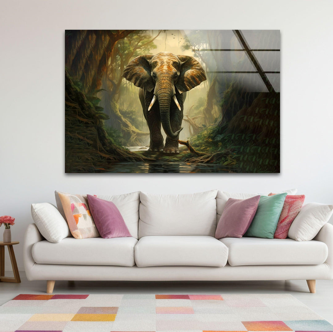 Elephant in Forest Glass Wall Art glass art painting, glass art for the Wall
