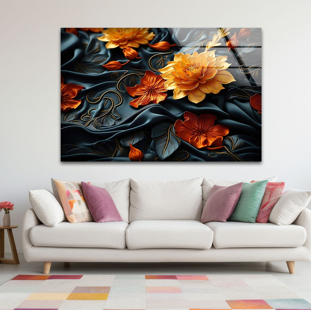 Botanical Orange & Black Flower Glass Wall Art photo print on glass, prints on glass wall art
