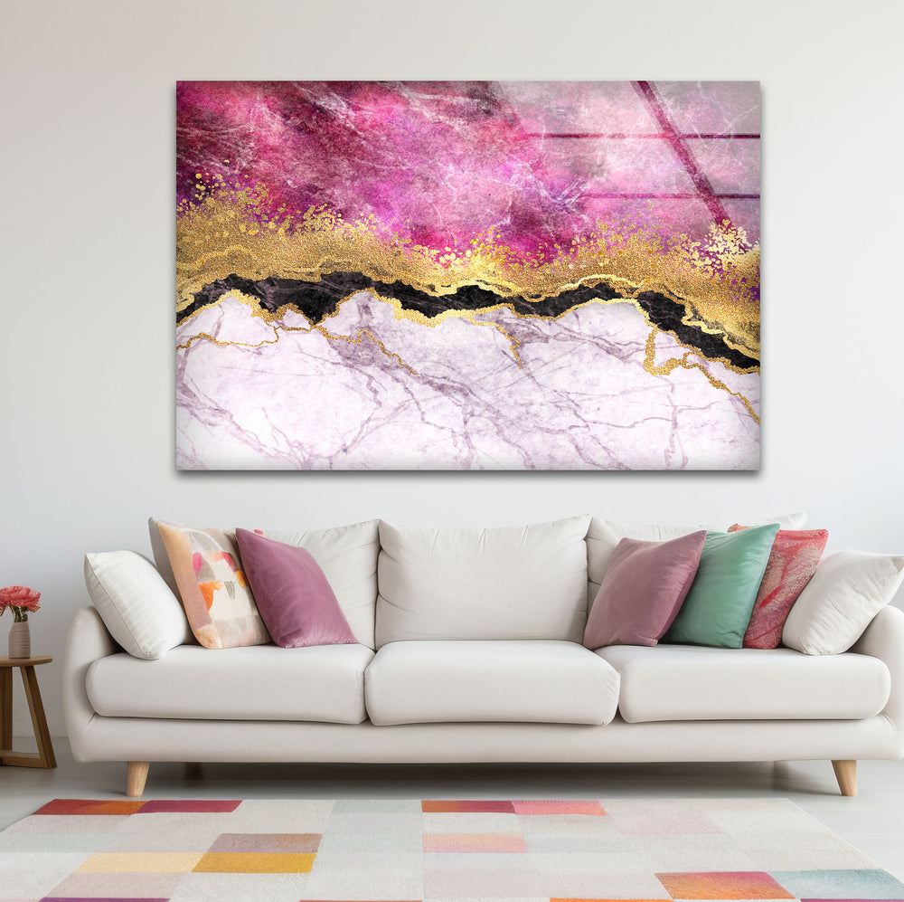 Pink Marble with Gold Veins Glass Wall Art Oversized Abstract Glass Wall Art Decor