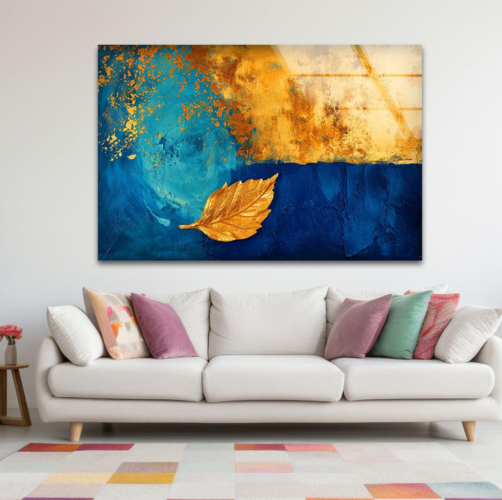 Blue Background With Gold Leaves Glass Wall Art