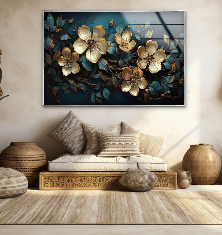 Beige & Blue Botanical Glass Wall Art glass pictures for Wall, glass prints wall art
