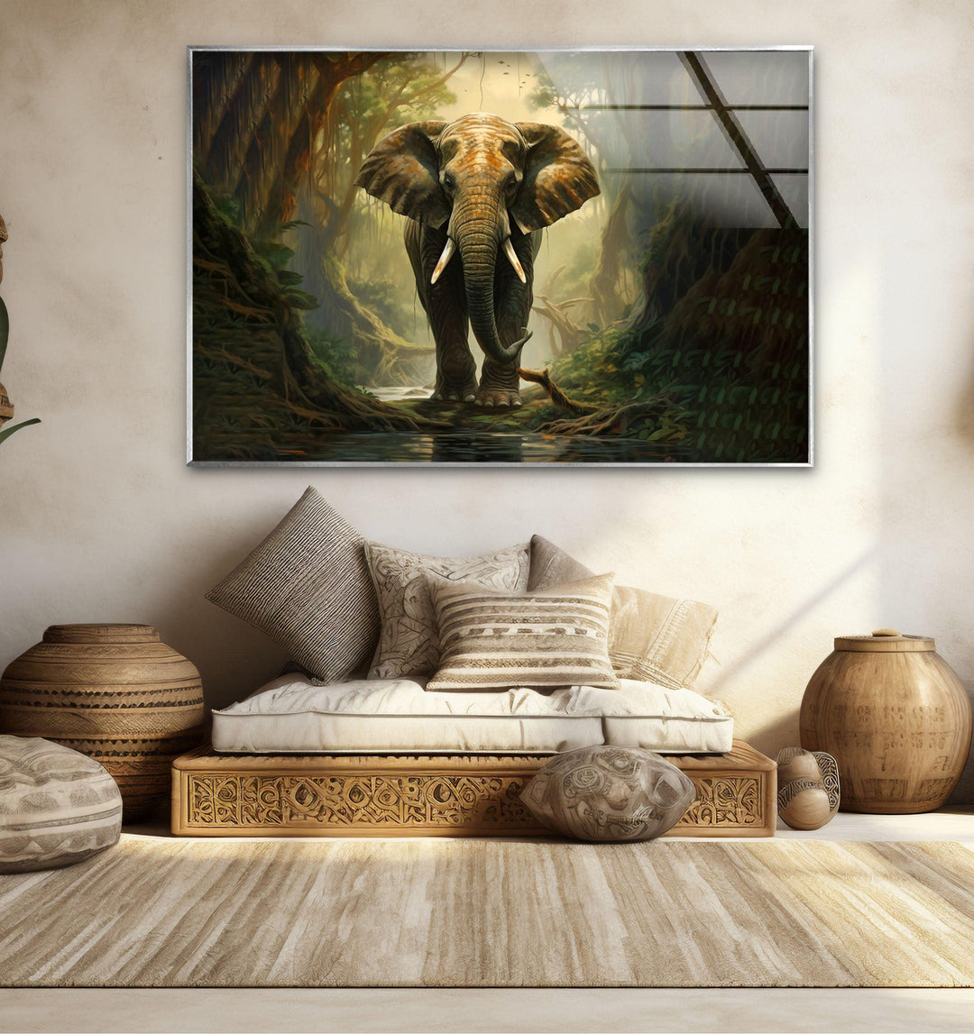 Elephant in Forest Glass Wall Art print on glass, glass printed photos
