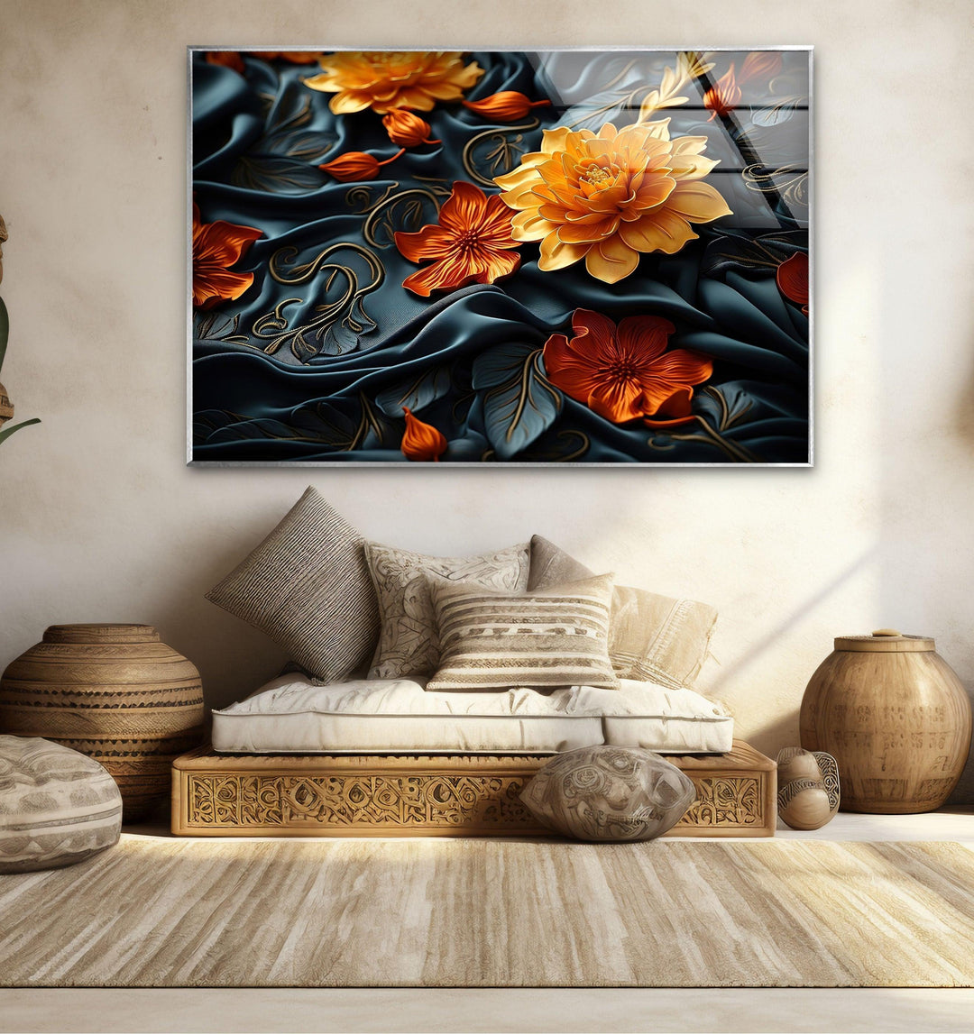 Botanical Orange & Black Flower Glass Wall Art glass art painting, glass art for the Wall
