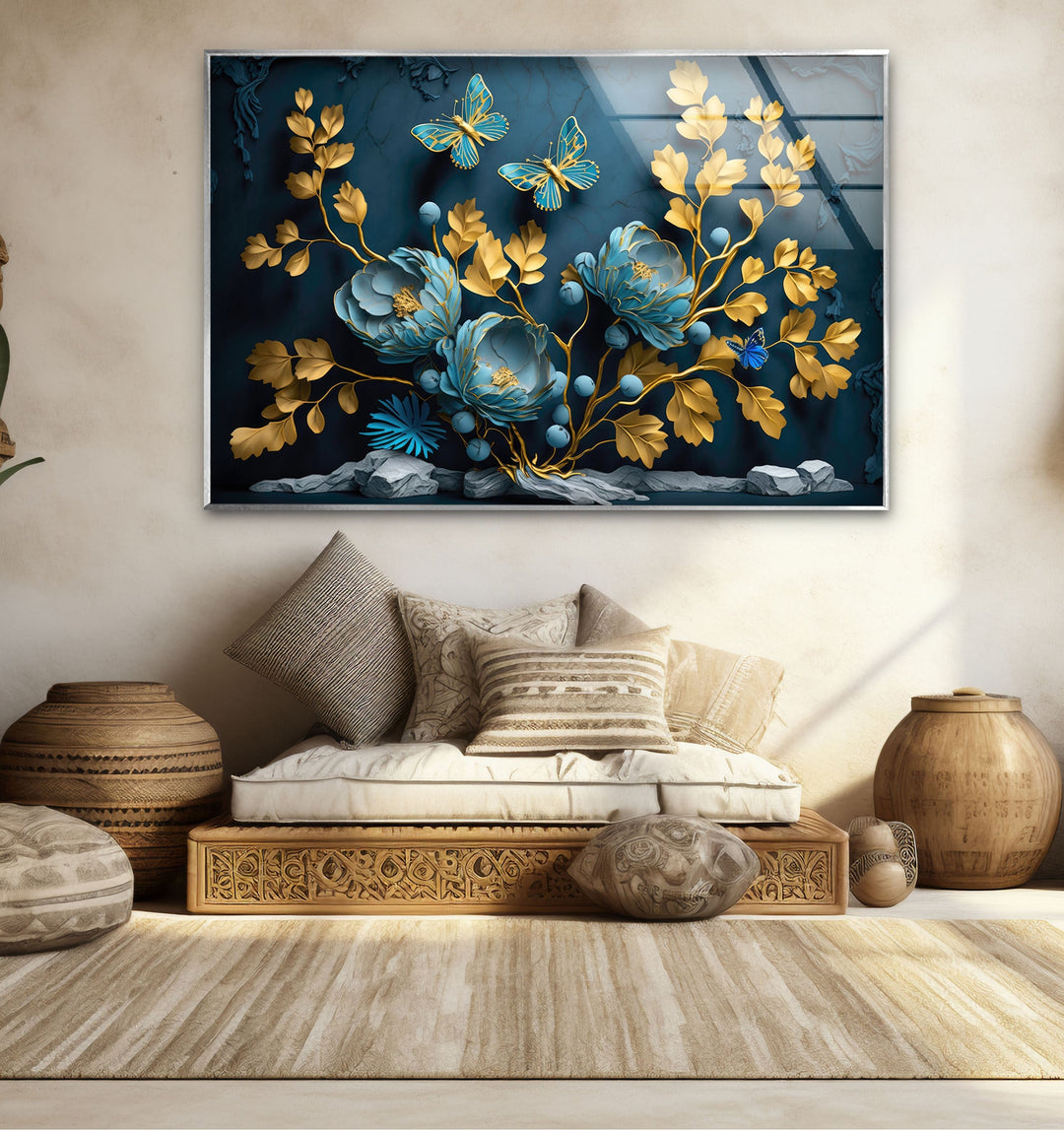 Yellow & Blue Flower 3D Glass Wall Art custom glass photo prints, large glass prints
