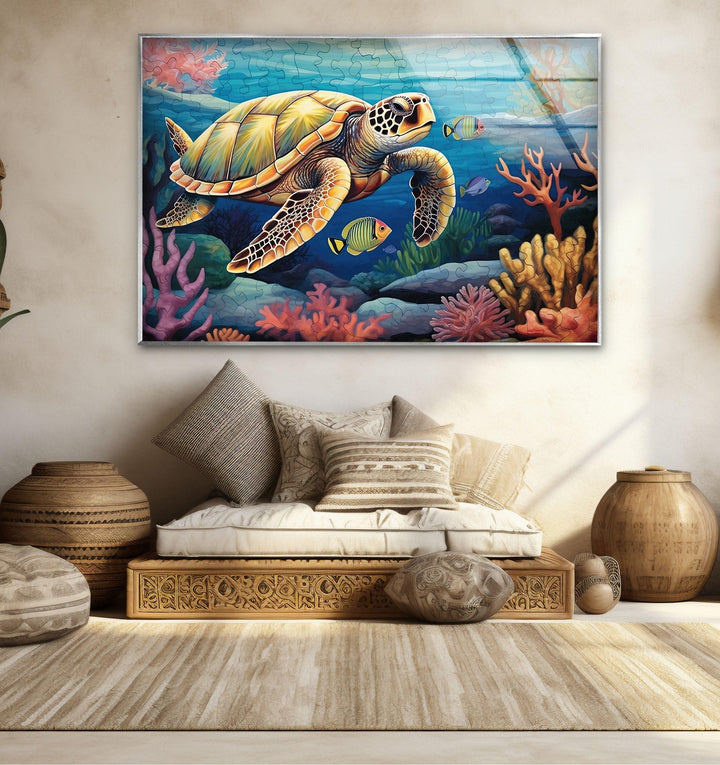 Sea Turtle Puzzle Glass Wall Art print picture on glass, Tempered Glass Wall Art
