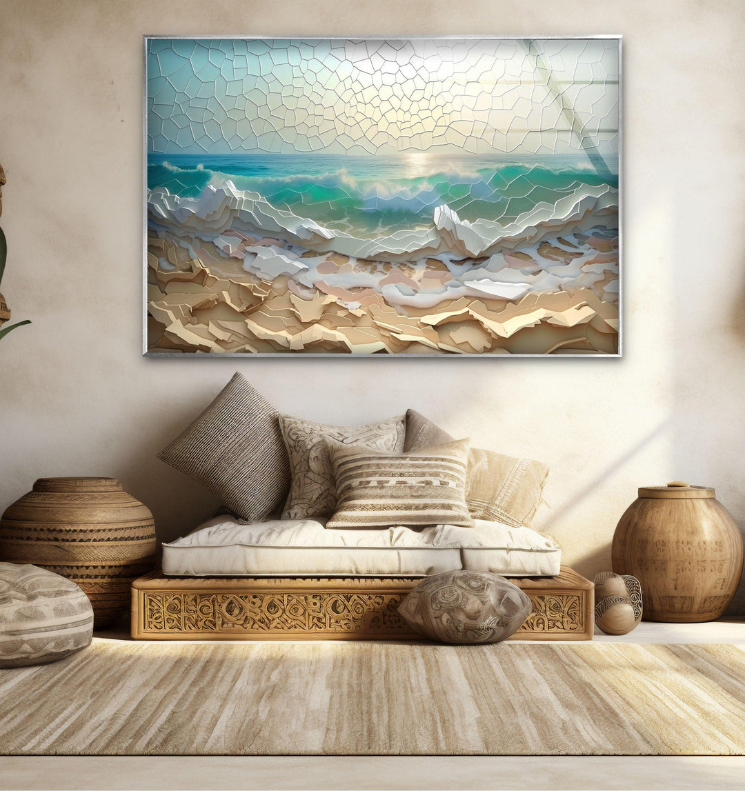 Stained Ocean Sunset Cracked Art Glass Wall Art print on glass, glass printed photos
