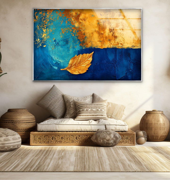 Blue Background With Gold Leaves Glass Wall Art