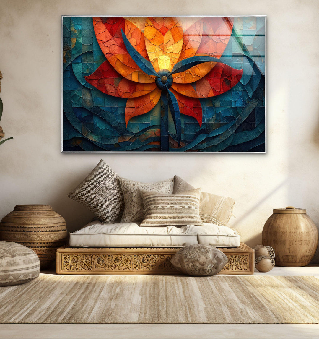 Colorful Mosaic Flower Glass Wall Art, large glass photo prints, glass wall photos