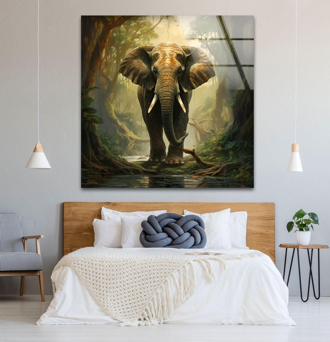 Elephant in Forest Glass Wall Art picture on glass wall art, photos printed on glass
