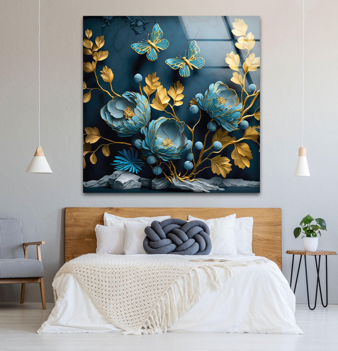 Yellow & Blue Flower 3D Glass Wall Art large glass photo prints, glass wall photos
