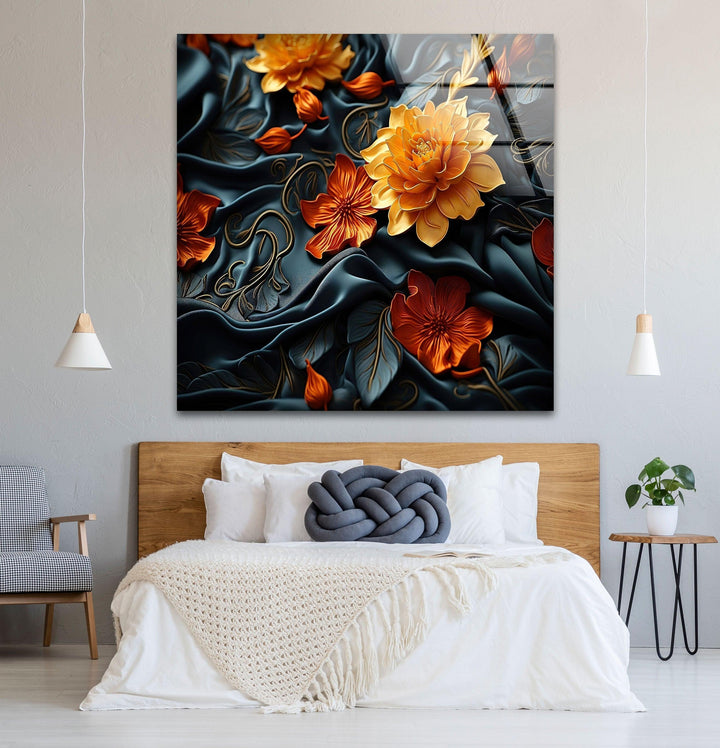 Botanical Orange & Black Flower Glass Wall Art art glass wall art, glass wall art pictures
