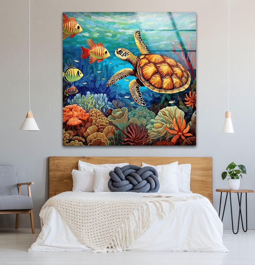 Sea Turtle & Fishes Underwater Glass Wall Art glass photo prints, glass picture prints
