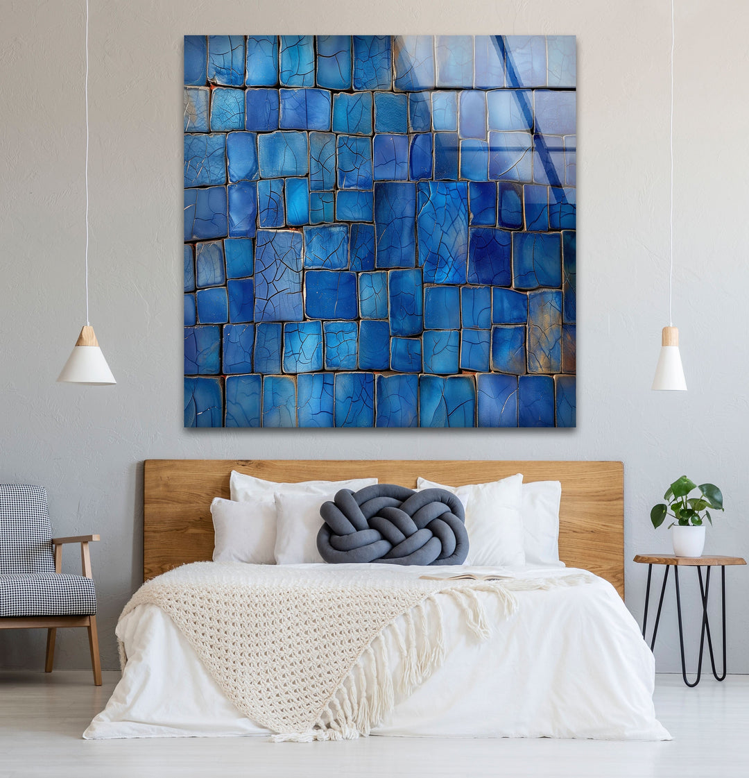 Blue Mosaic Cracked Stones Glass Wall Art print picture on glass, Tempered Glass Wall Art
