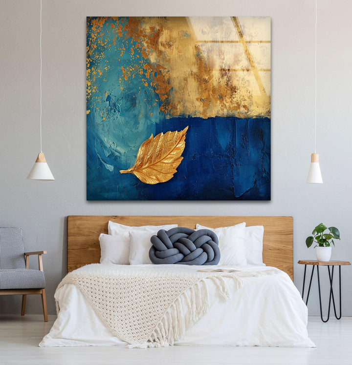 Blue Background With Gold Leaves Glass Wall Art