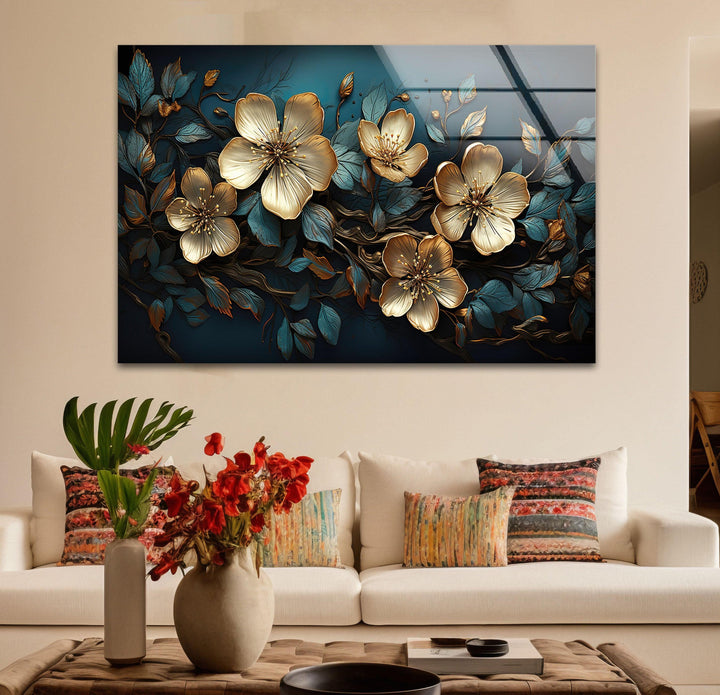 Beige & Blue Botanical Glass Wall Art glass photo prints, glass picture prints
