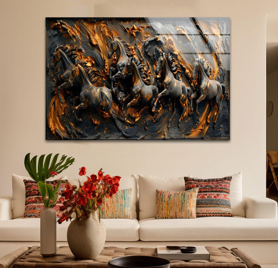 Bronze Black Horses Glass Wall Art print on glass, glass printed photos
