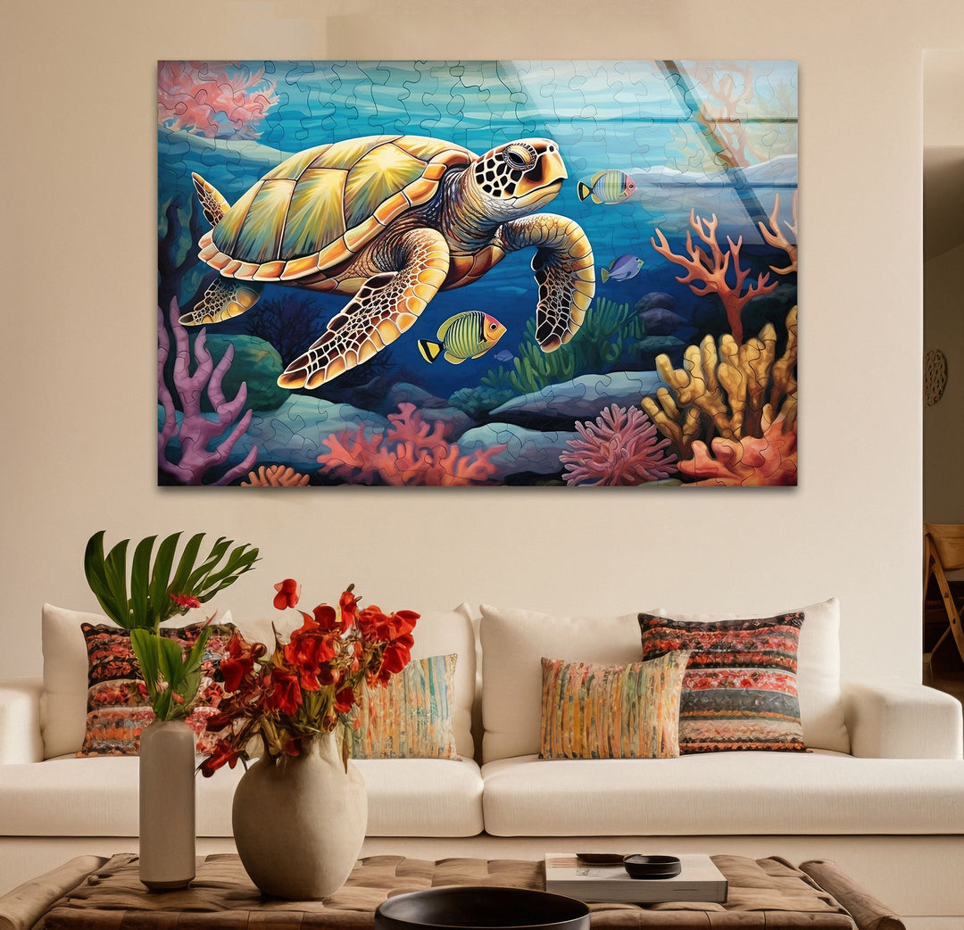 Sea Turtle Puzzle Glass Wall Art picture on glass wall art, photos printed on glass
