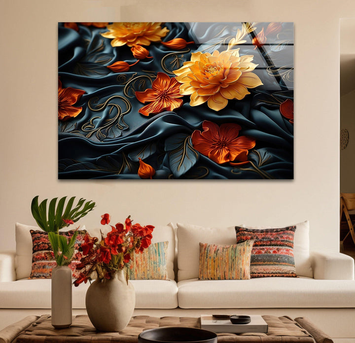 Botanical Orange & Black Flower Glass Wall Art stained glass wall art, stained glass wall decor
