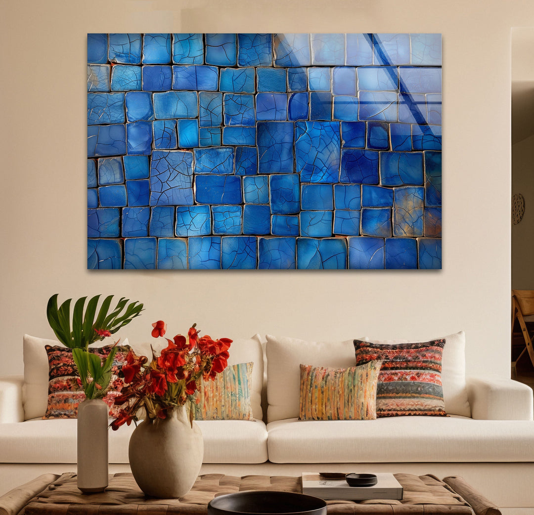 Blue Mosaic Cracked Stones Glass Wall Art glass wall decor, glass wall art decor
