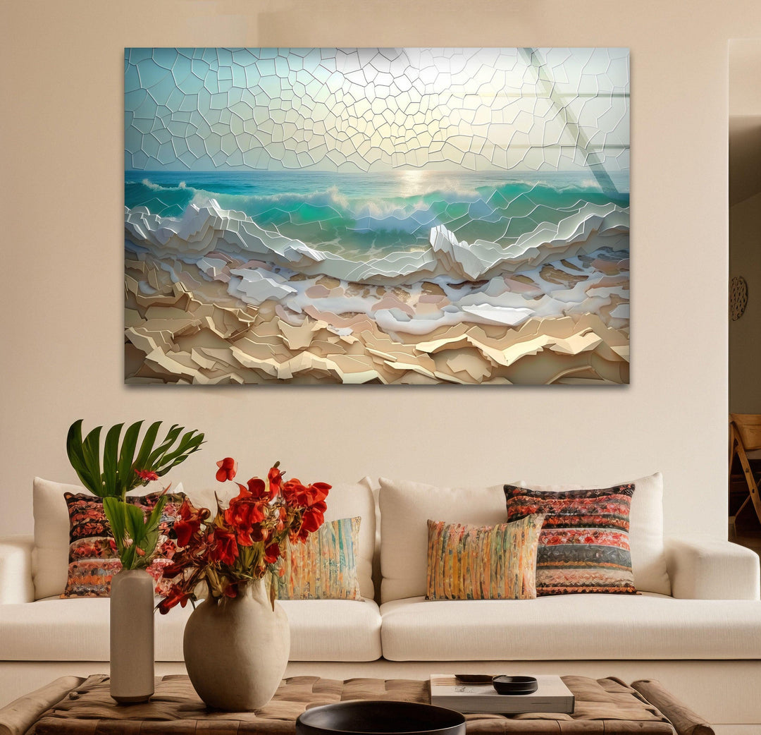 Stained Ocean Sunset Cracked Art Glass Wall Art custom glass photo prints, large glass prints
