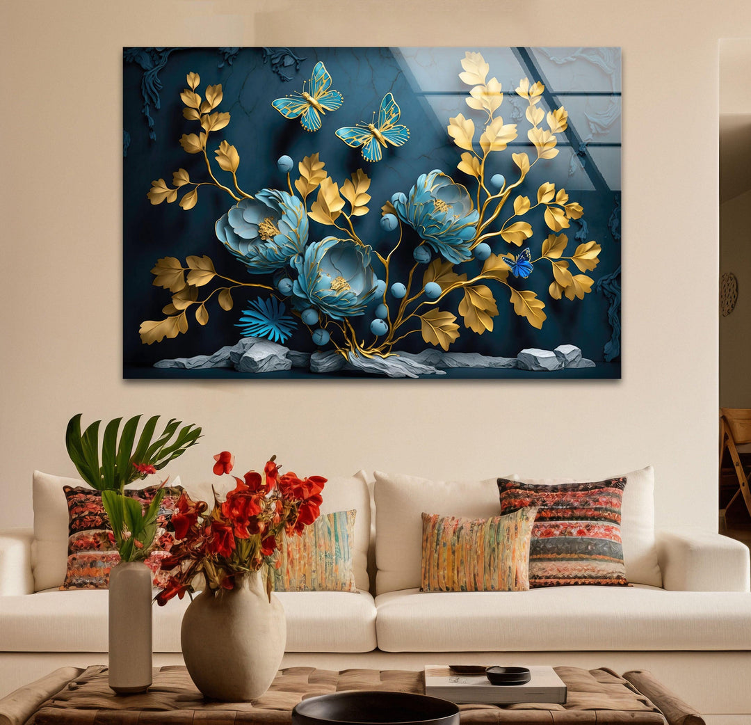 Yellow & Blue Flower 3D Glass Wall Art photo print on glass, prints on glass wall art
