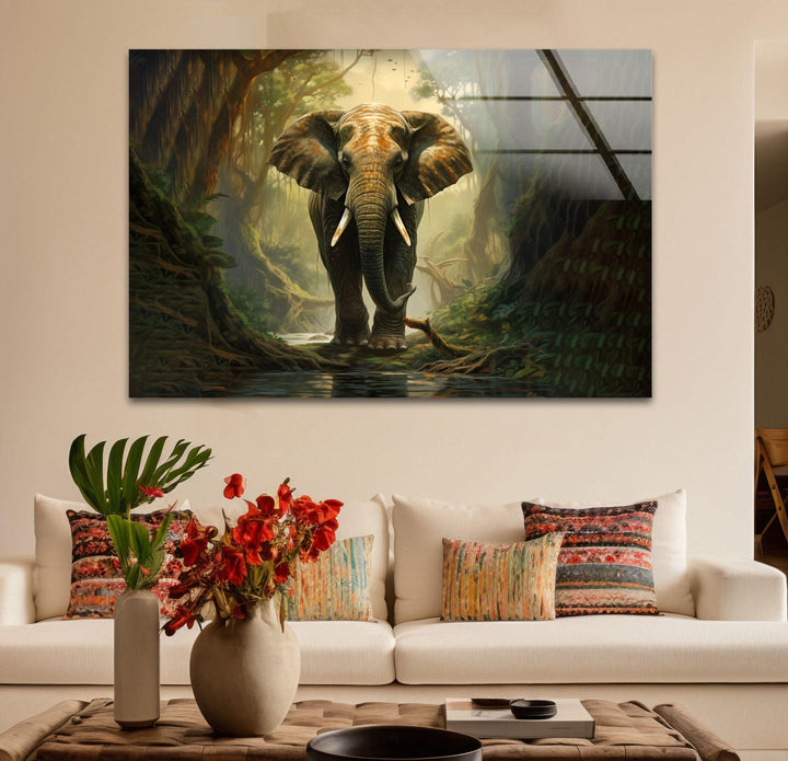 Elephant in Forest Glass Wall Art picture on glass wall art, photos printed on glass
