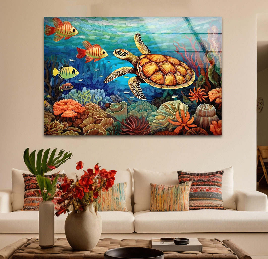 Sea Turtle & Fishes Underwater Glass Wall Art Glass Printing Wall Art, Print photos on glass
