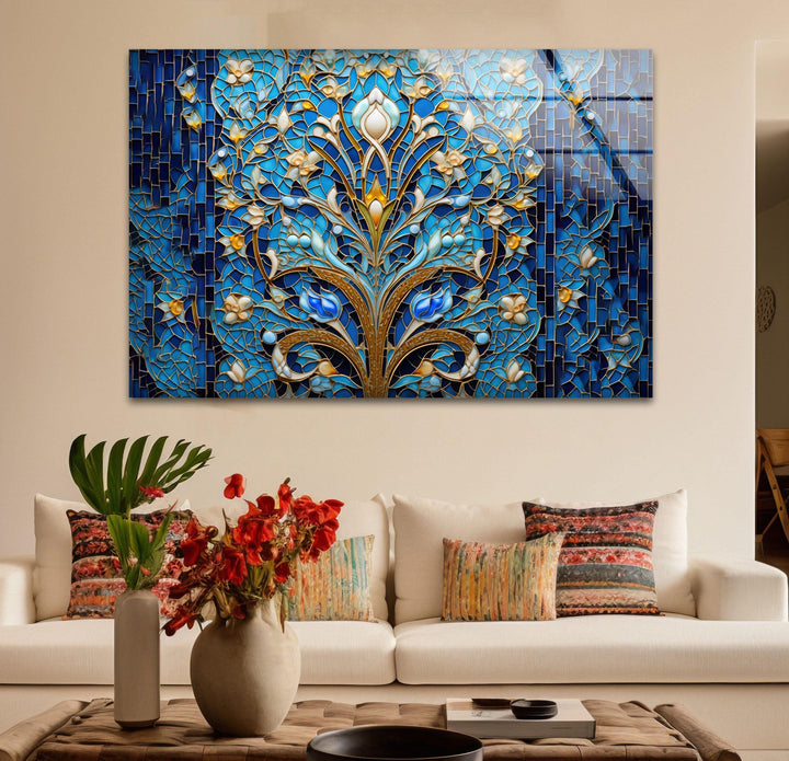 Blue Mosaic & Stained Design Glass Wall Art large glass photo prints, glass wall photos
